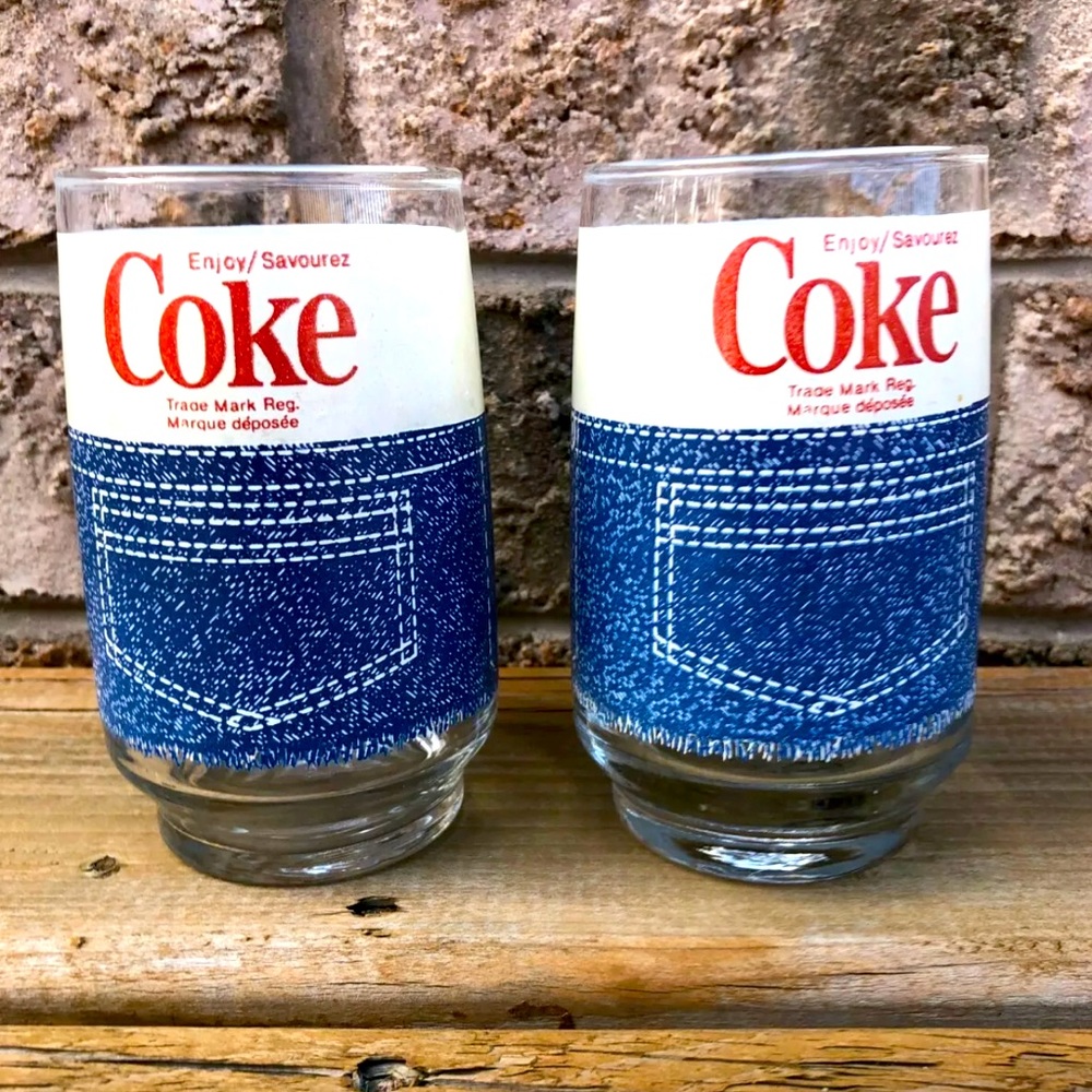 COPY - (2) Vintage, Coca-Cola, Retro. 1970’s Tumbler Glass, Denim, 5 inches Tall
